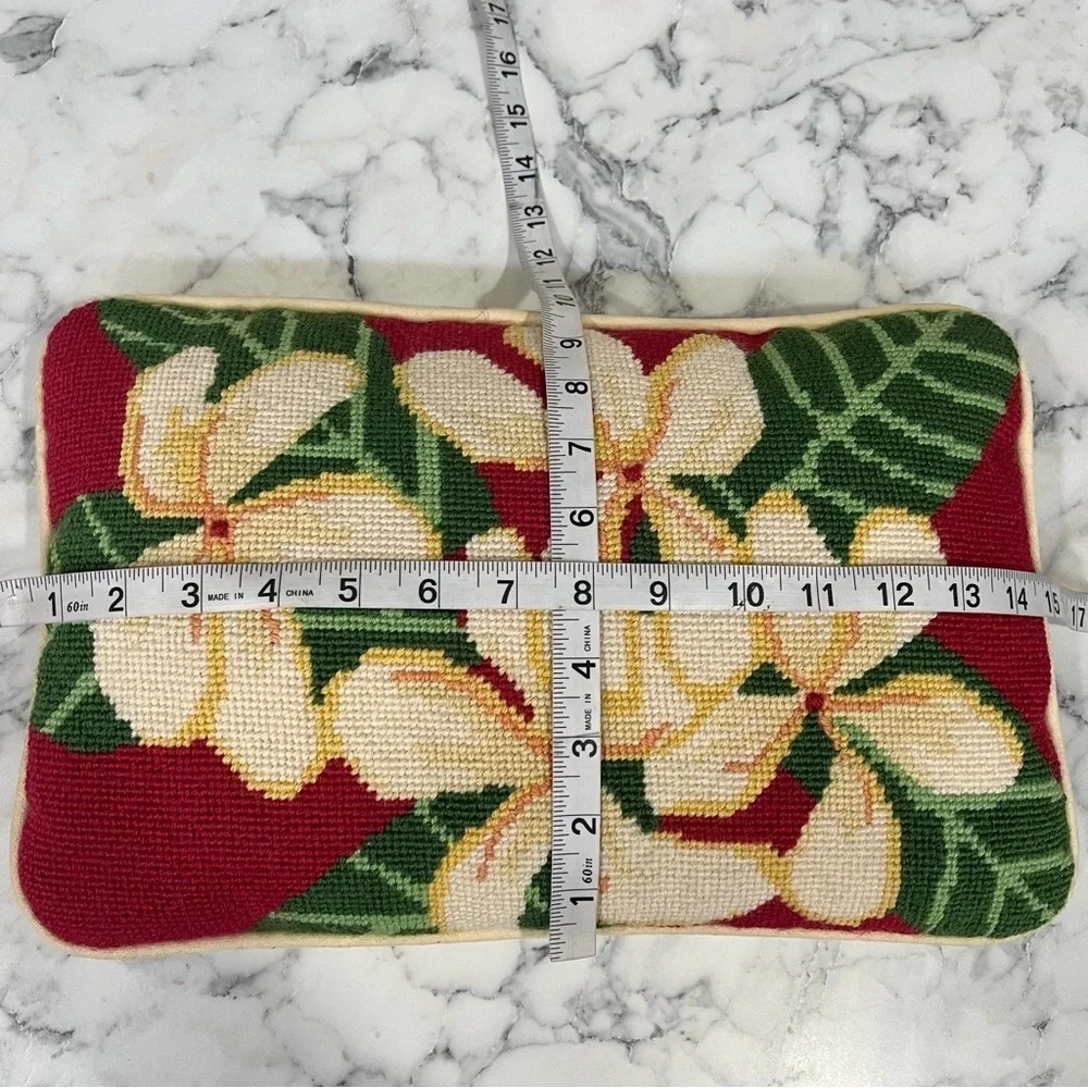 Handmade Red floral needlepoint throw pillow rectangle cream magnolia flowers
